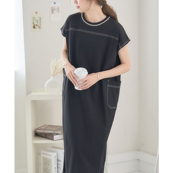 配色ステッチ フレンチ袖Tシャツワンピース 配色ステッチ | Growing Rich | 詳細画像4 