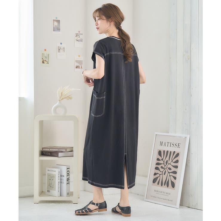 配色ステッチ フレンチ袖Tシャツワンピース 配色ステッチ[品番