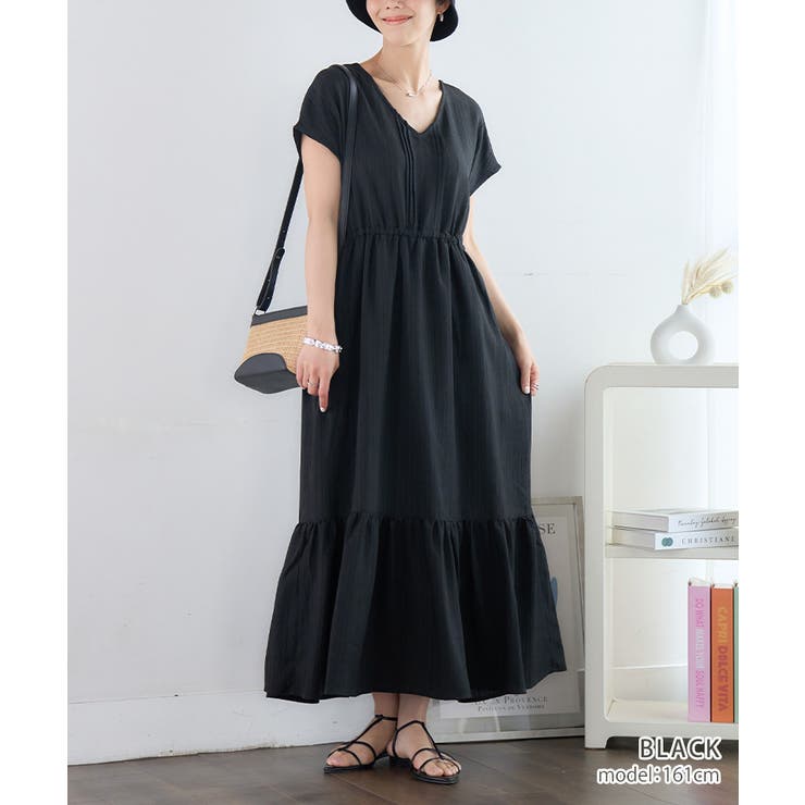 ブラック | 縦ジャガードギャザーワンピ [240318] | Growing Rich