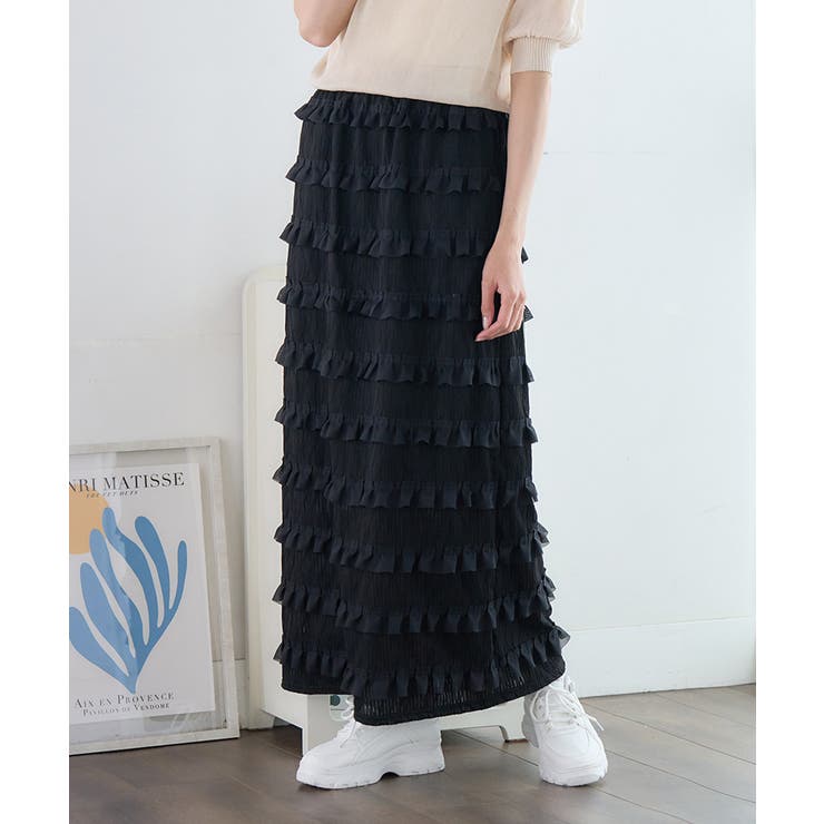 ブラック | フリルジャガード ナロースカート フリル | Growing Rich