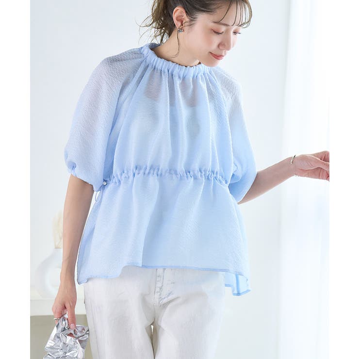 ライトブルー | [トップス]ふくれジャガードボリューム袖ペプラムトップス[240321] | Growing Rich