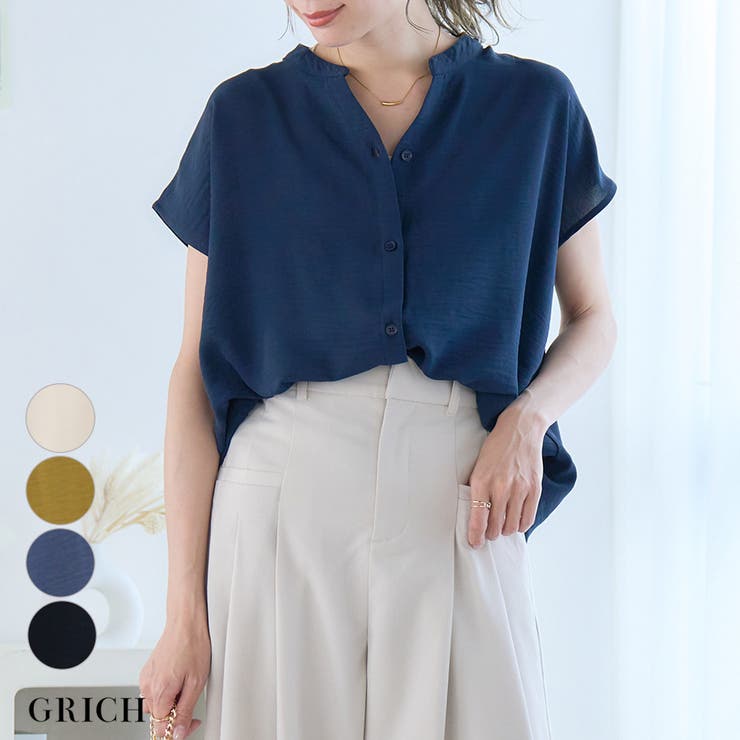 [トップス]接触冷感 バンドカラーフレンチスリーブシャツ[240502] | Growing Rich | 詳細画像1 
