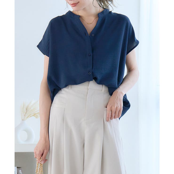 ネイビー | [トップス]接触冷感 バンドカラーフレンチスリーブシャツ[240502] | Growing Rich
