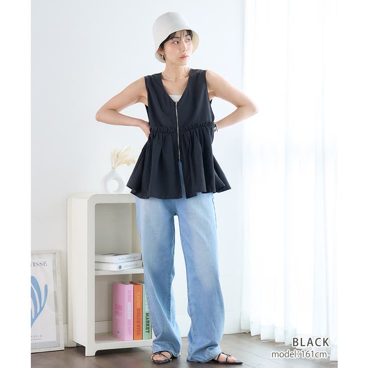 フロントジップVネックペプラムベストジレ ペプラム ベスト[品番