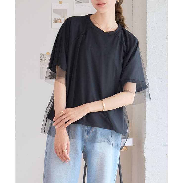 チュールレイヤードラグランtシャツ シアーTシャツ 半袖[品番