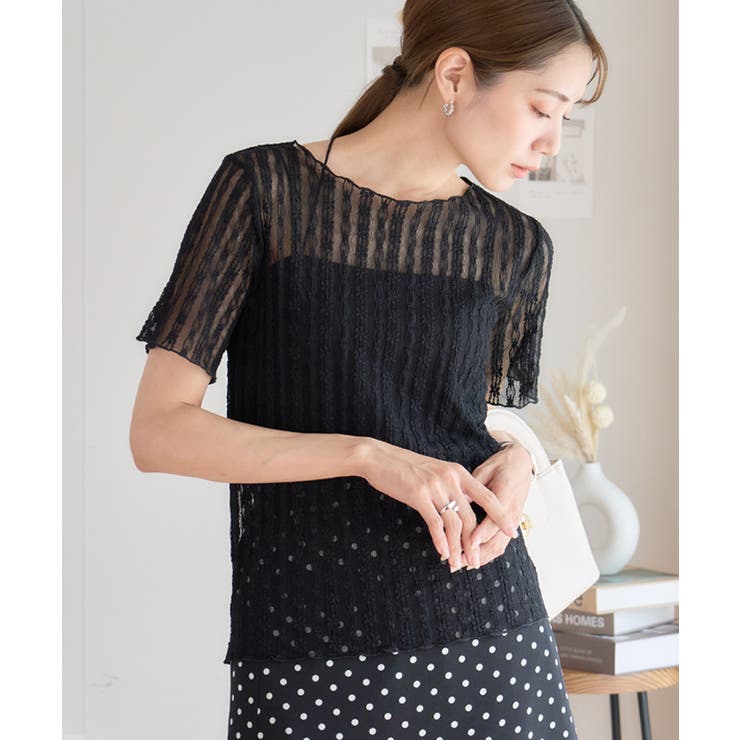 ブラック | 花柄シアーレーストップス [240406] | Growing Rich