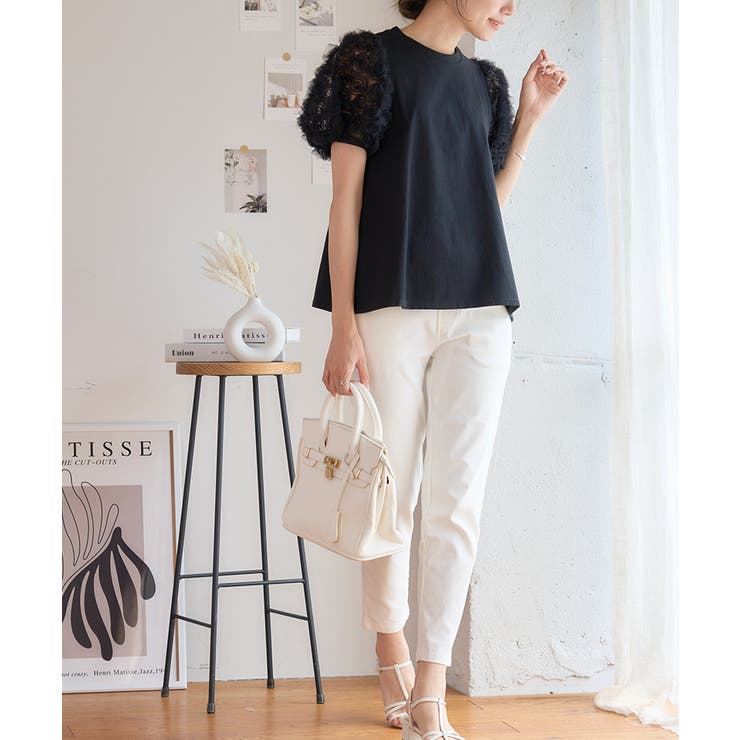 フラワーレースパフスリーブTシャツ フラワーレース袖 Tシャツ[品番 