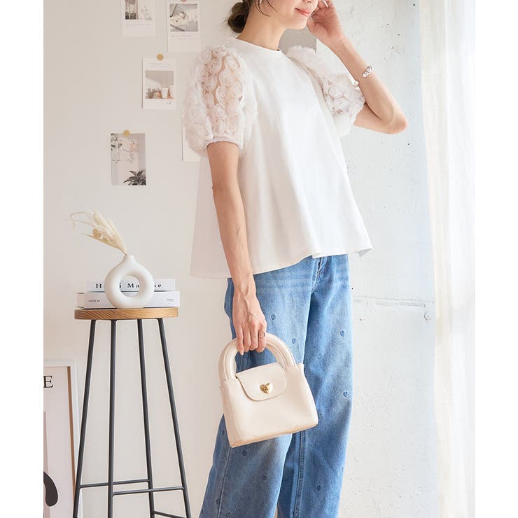 フラワーレースパフスリーブTシャツ フラワーレース袖 Tシャツ