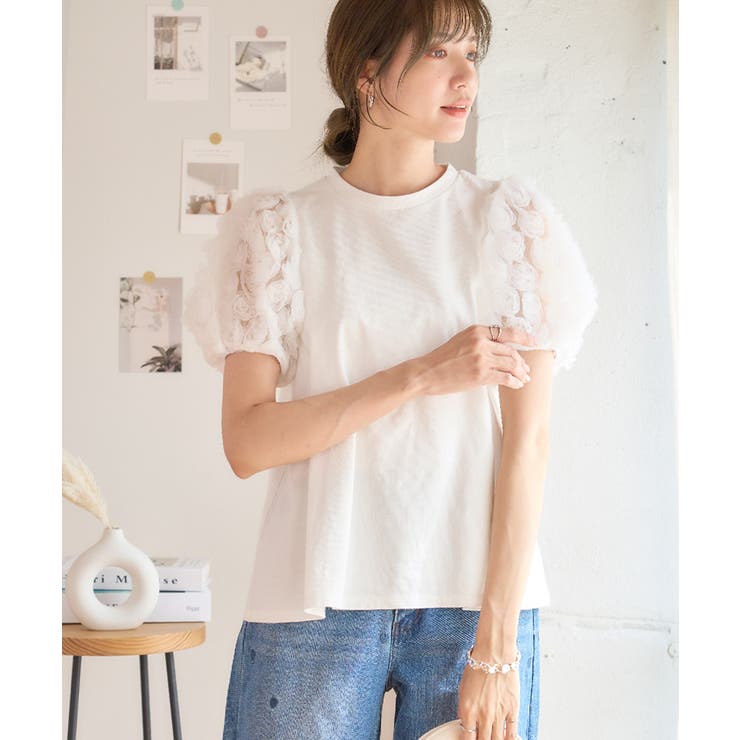 フラワーレースパフスリーブTシャツ フラワーレース袖 Tシャツ[品番 