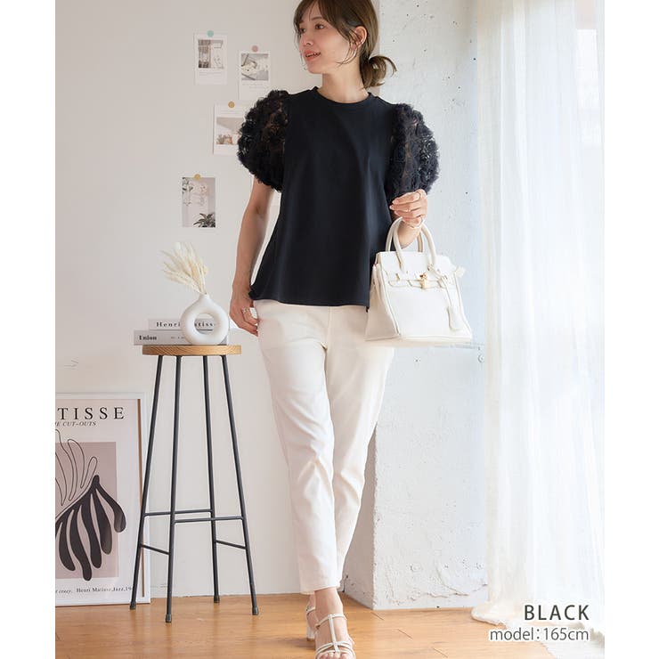 tシャツ 「＆g'aime」レースパフスリーブT　Bloom Puff Lace Tee レディース フラワーレースパフスリーブTシャツ フラワーレース袖 Tシャツ