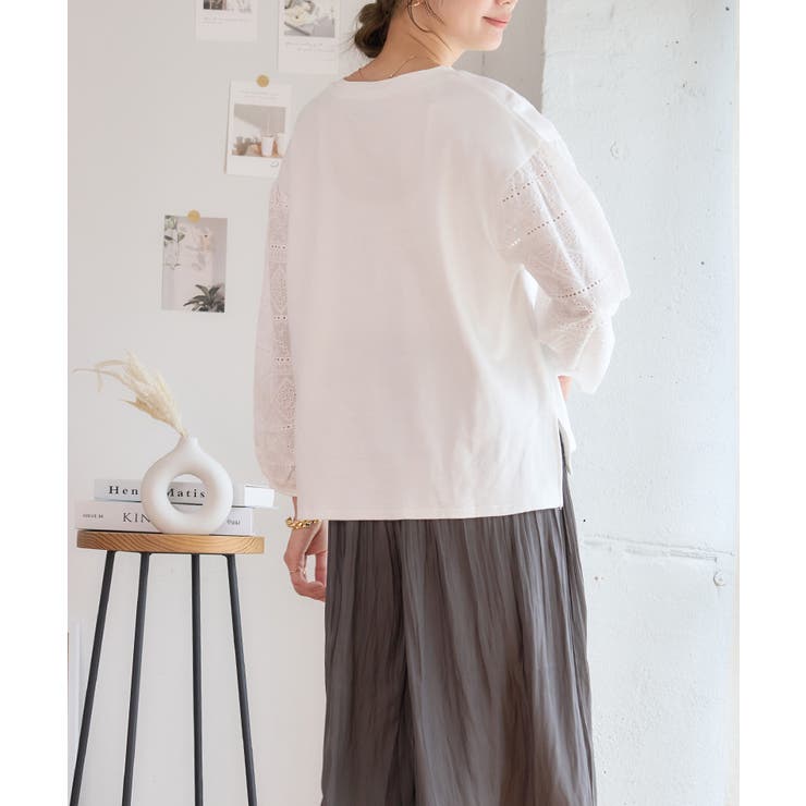 幾何柄カットワークスキッパートップス 鎖骨キレイ見せ スキッパー | Growing Rich | 詳細画像5 