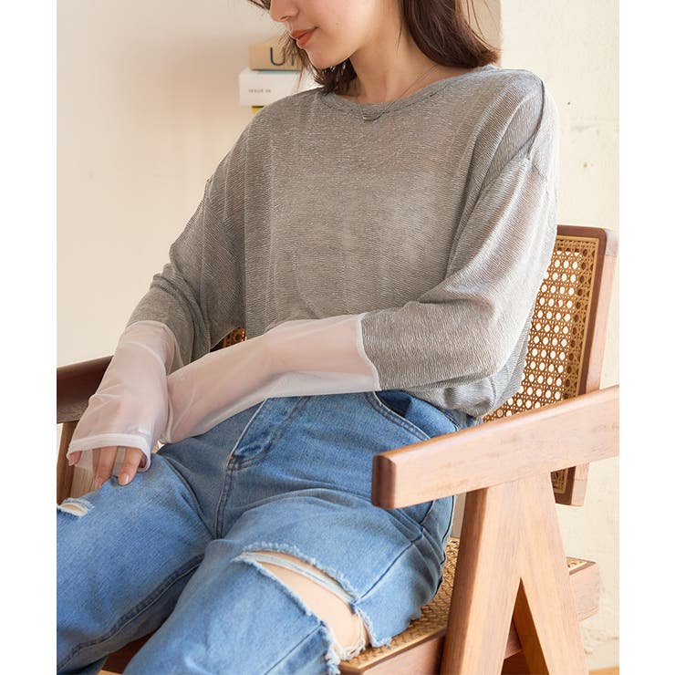 ブラック | 異素材ドッキング 袖シアー プルオーバー | Growing Rich