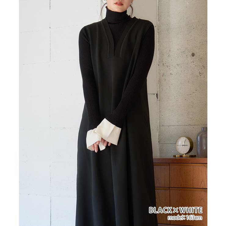 ブラックホワイト | フレアスリーブ リブニット 長袖 | Growing Rich