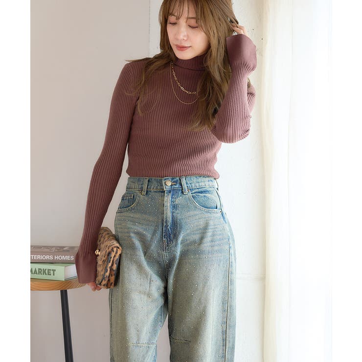 ダークブラウン | フレアスリーブ リブニット 長袖 | Growing Rich