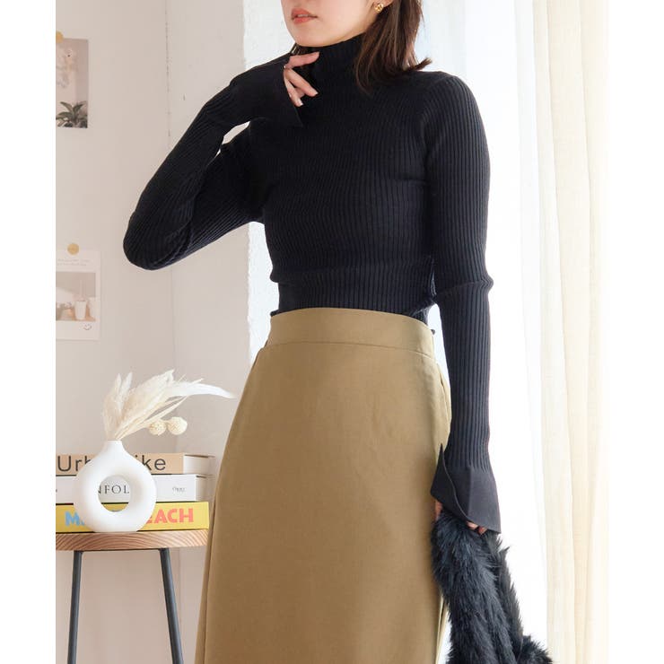 ブラック | フレアスリーブ リブニット 長袖 | Growing Rich