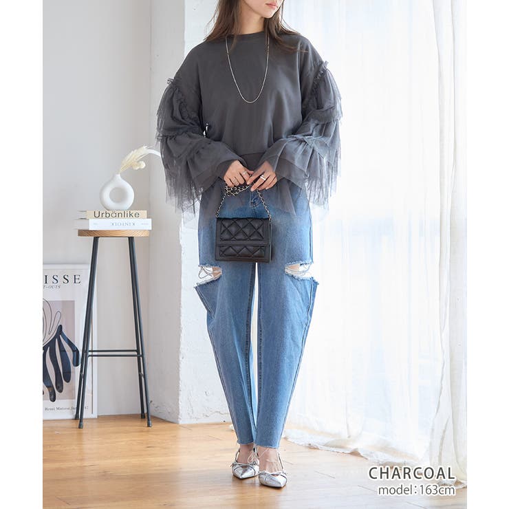 グレー 長袖 スウェット チュールフリル FURFUR（ファーファー）の「チュールフリルコンビスウェット