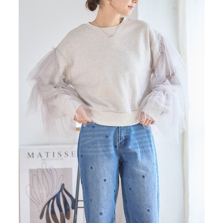 チュールフリル袖 トレーナー レディース[品番：GW000004843