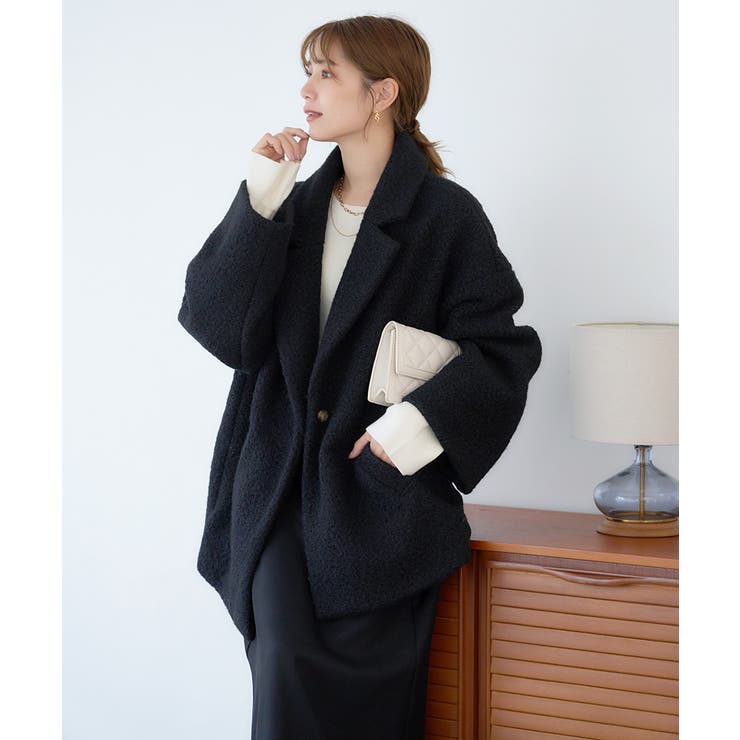 新品✨1er Arrondissement　綿×ポリ　ベルテッドショートコート黒 1er Arrondissement（プルミエアロンディスモン）の「ウールダブル