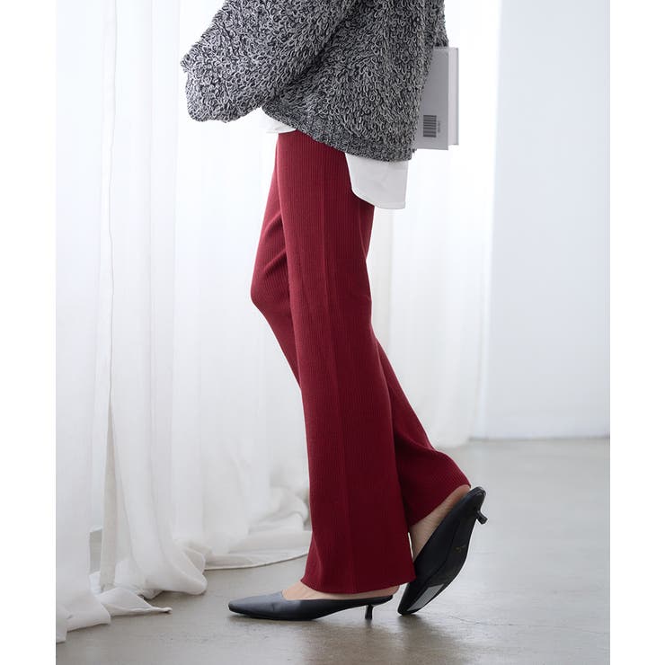 バーガンディー | リブ編みニットフレアパンツ [240516] | Growing Rich