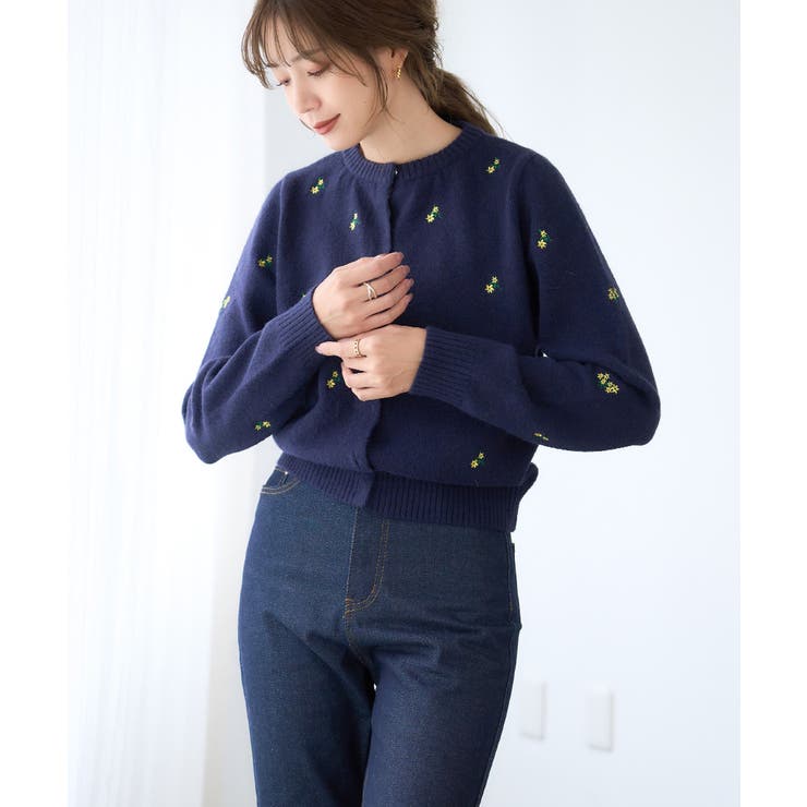 アルパカタッチ フラワー刺繍 ニット