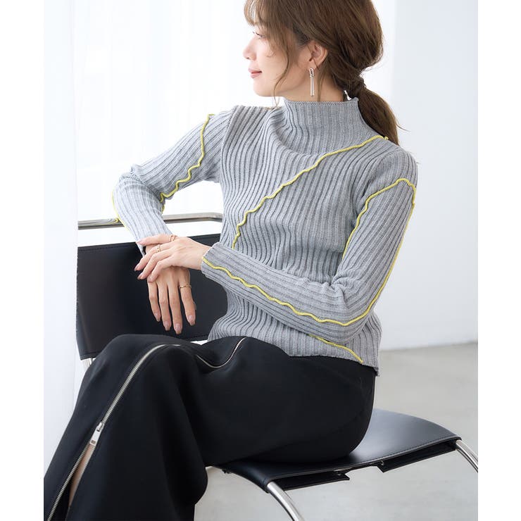 グレー | メロー 配色リブニット ニット | Growing Rich