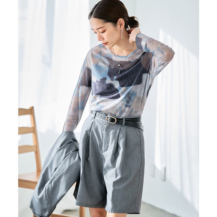 シアートップス柄ニュアンス柄シアーロングTシャツレディース春夏トップスレディースTシャツカットソーロンT長袖レイヤードマーブル柄チュールレイヤード重ね着伸縮透け感秋冬プルオーバー