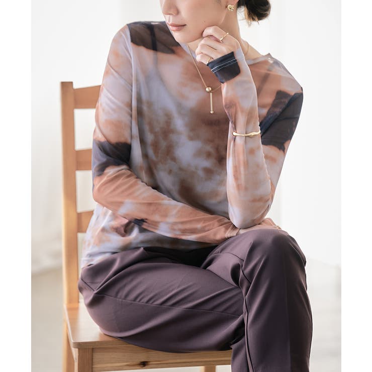 シアートップス柄ニュアンス柄シアーロングTシャツレディース春夏トップスレディースTシャツカットソーロンT長袖レイヤードマーブル柄チュールレイヤード重ね着伸縮透け感秋冬プルオーバー