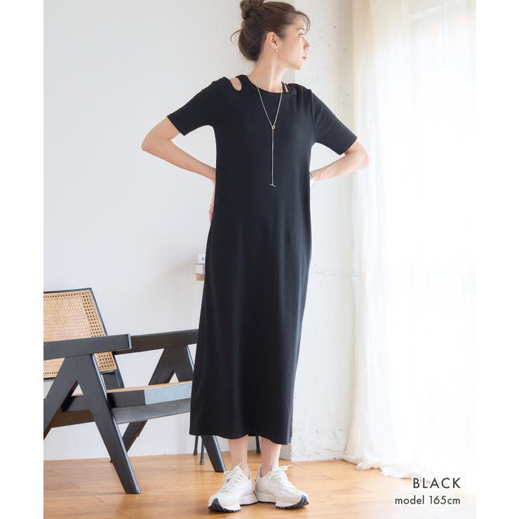 カットアウトリブカットソーワンピース半袖ワンピース夏レディースきれいめIラインタイトリブワンピtシャツワンピ着痩せ春夏着やせロングスリット大人カジュアル涼しい