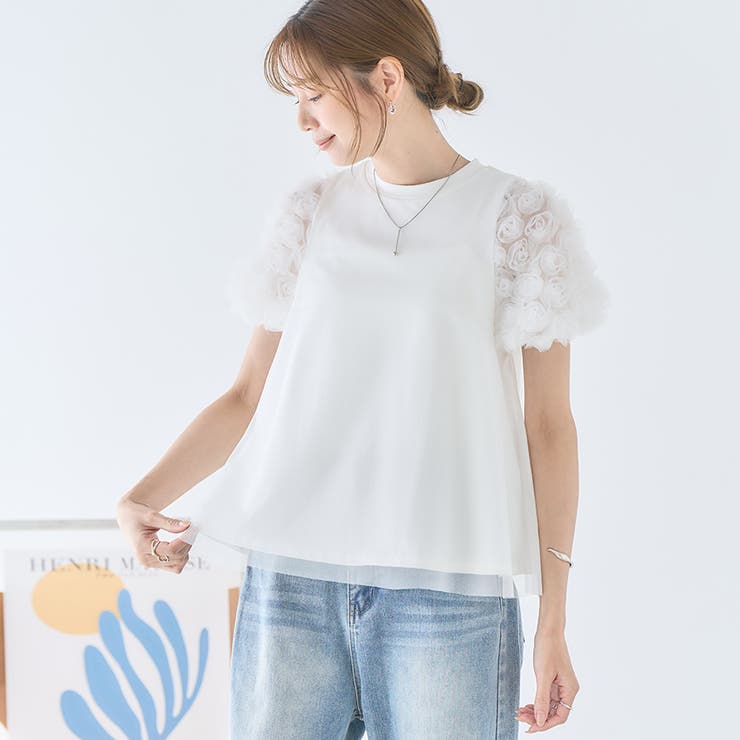 フラワーレース袖 Tシャツ レディース[品番：GW000004958