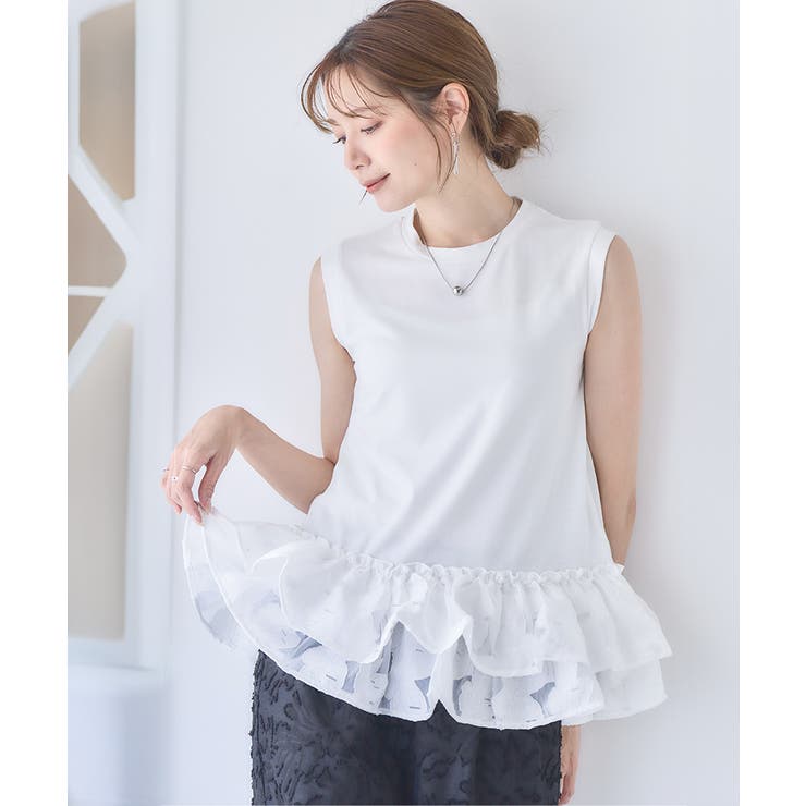フラワーチュールジャガードペプラムタンクトップチュニックノースリーブトップスレディースカットソーギャザー裾フリルフリルヘム春夏体型カバークルーネックシンプル大人可愛いゆったりきれいめ