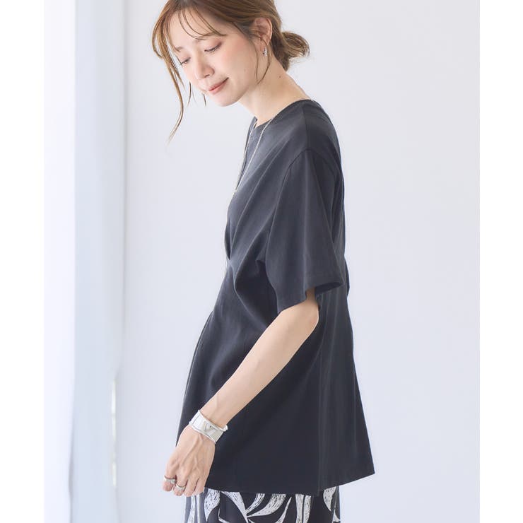 ウエストタックペプラムTシャツカットソートップスレディースチュニック半袖春夏クルーネック二の腕カバー体型カバーオーバーサイズ大きいサイズゆったりくびれ華奢見えデザインおしゃれ無地綿100