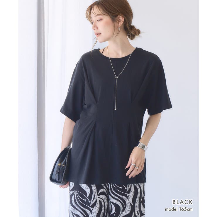 ウエストタックペプラムTシャツカットソートップスレディースチュニック半袖春夏クルーネック二の腕カバー体型カバーオーバーサイズ大きいサイズゆったりくびれ華奢見えデザインおしゃれ無地綿100