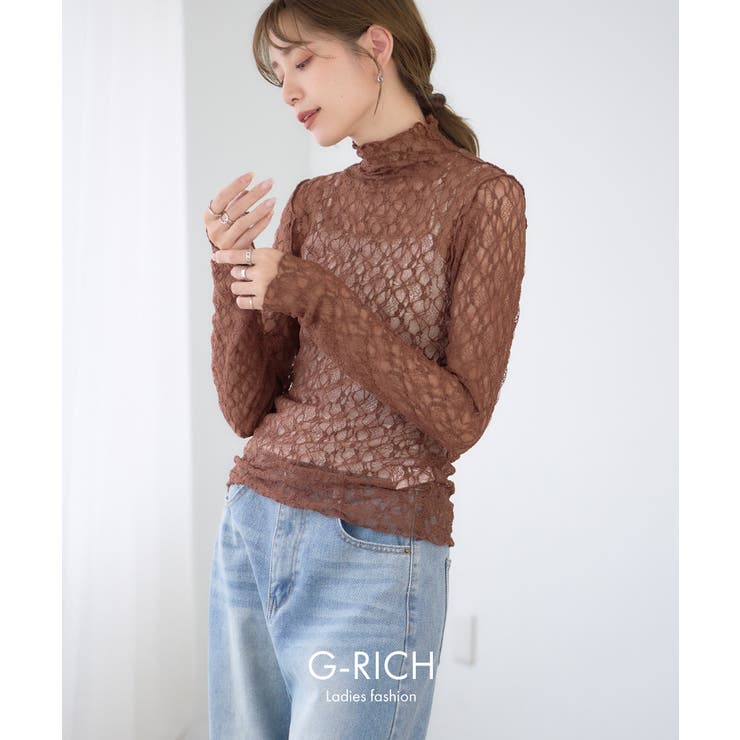 ブラウン | ストレッチレース シアー トップス | Growing Rich