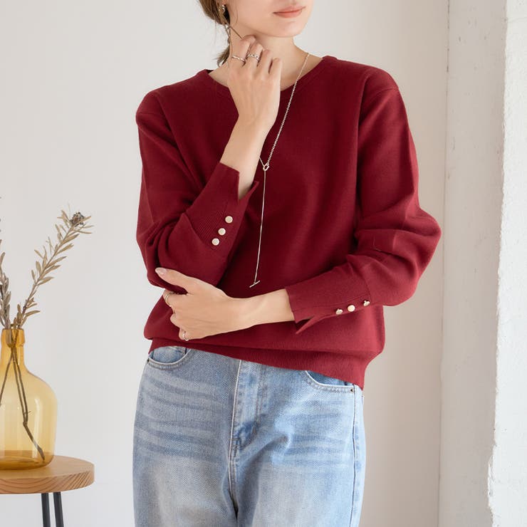[トップス] 袖ボタン クルーネックニットトップス[250401] | Growing Rich | 詳細画像1 