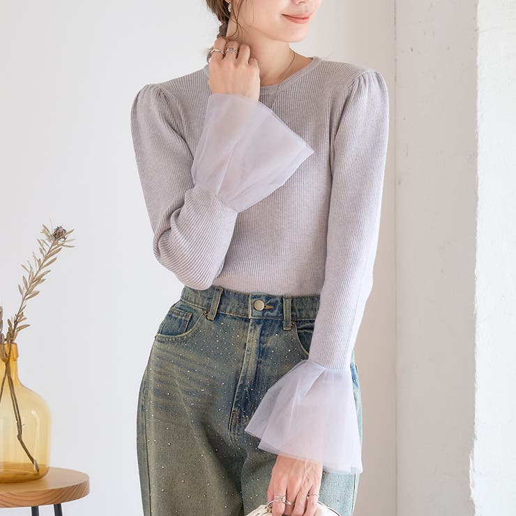 袖チュール リブニット 薄手ニット | Growing Rich | 詳細画像1 