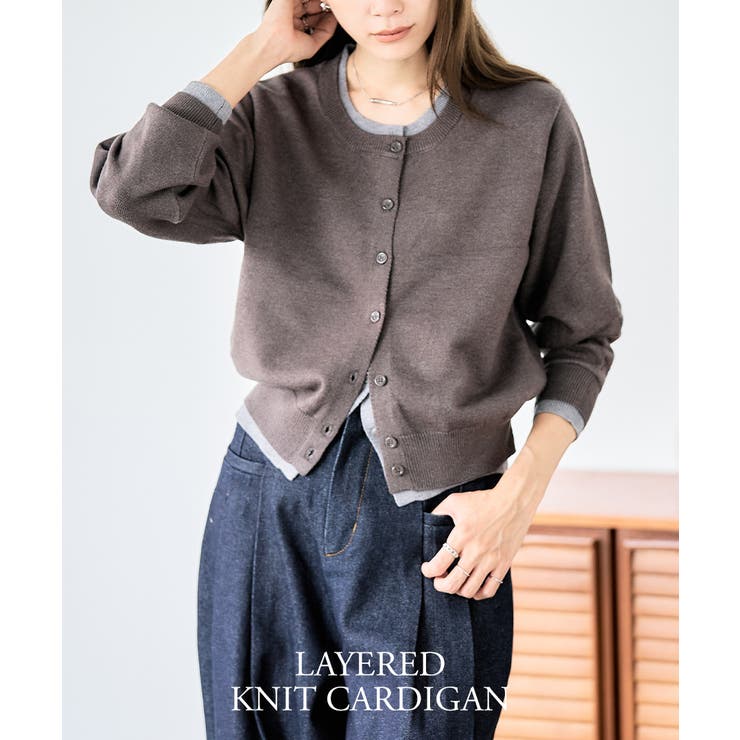 レイヤード風 配色ニットカーディガン レディース | Growing Rich | 詳細画像4 