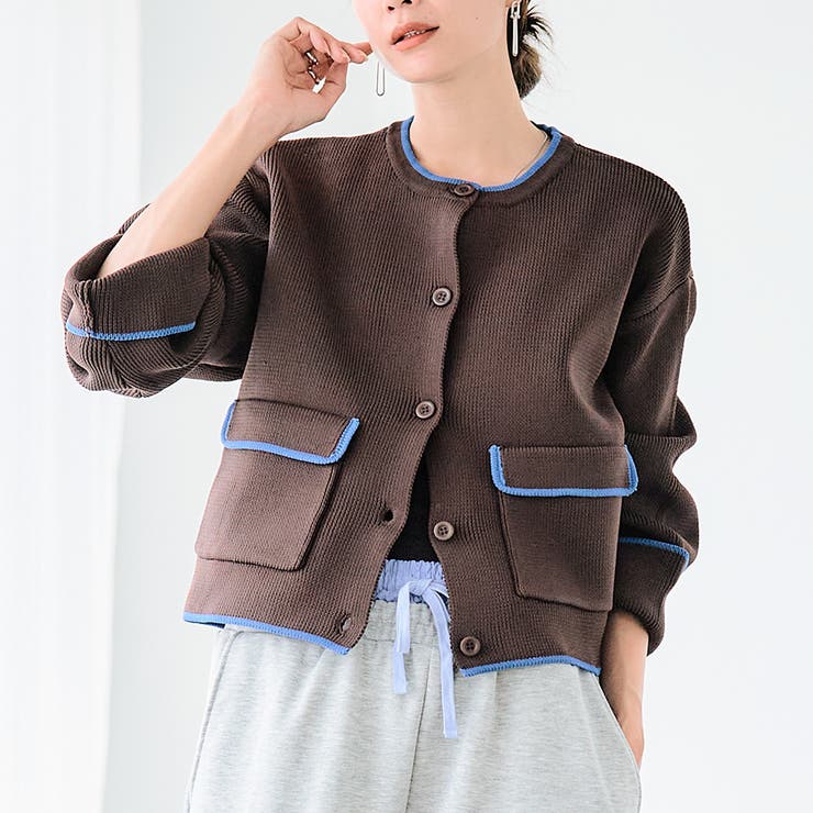 配色ニットカーディガン ノーカラー ニットアウター | Growing Rich | 詳細画像1 