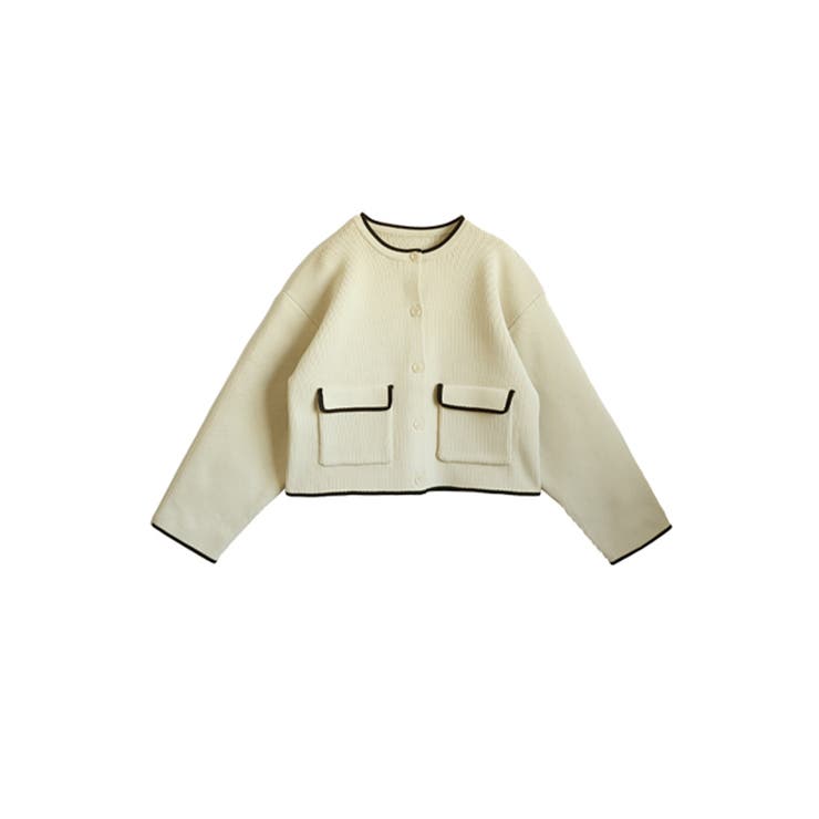 アイボリー | 配色ニットカーディガン ノーカラー ニットアウター | Growing Rich