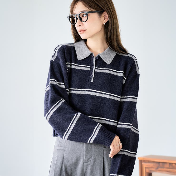 配色ポロ襟 ボーダーニット ニット | Growing Rich | 詳細画像1 