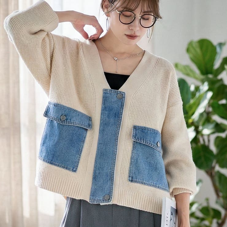 デニム ドッキング ニットカーディガン | Growing Rich | 詳細画像1 