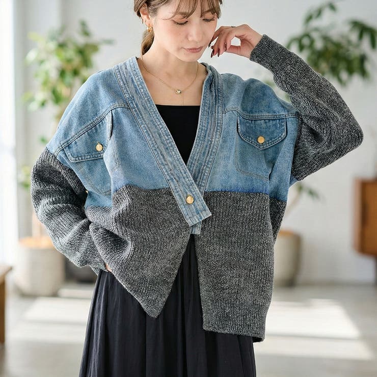 デニムドッキング ネップニットカーディガン デニム切替 | Growing Rich | 詳細画像1 
