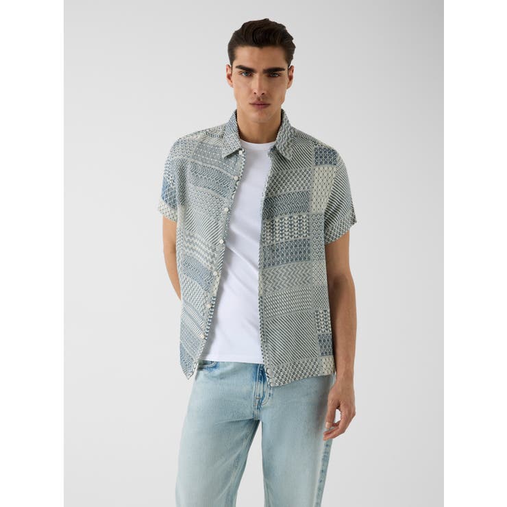 F71Q | [GUESS] MALIK Patchwork Jacquard Shirt | GUESS【MEN】