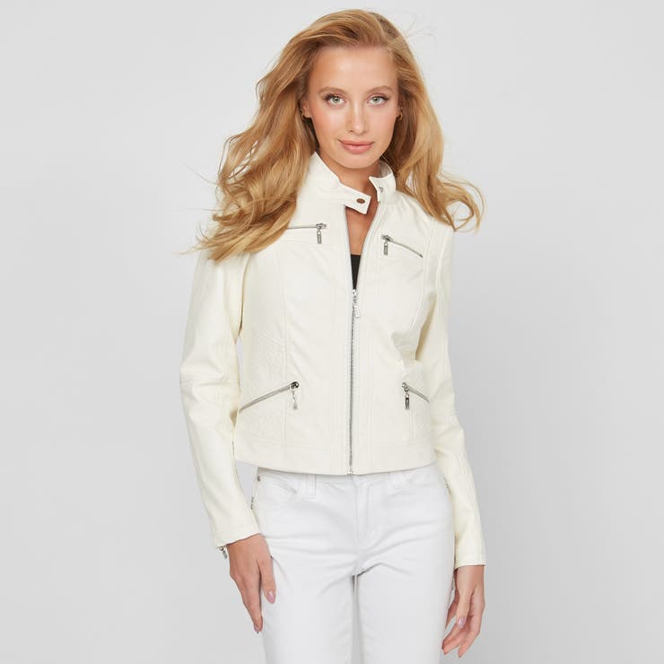 GUESS ホワイト シングルライダースジャケット L レザージャケット メンズ 本革 ホワイト 白 シングルライダース