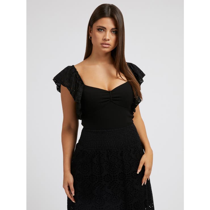 GUESS Women's Ruffle Sleeve Raina Top – Feminine Fitted Blouse With Eyelet Detail & Sweetheart Neck