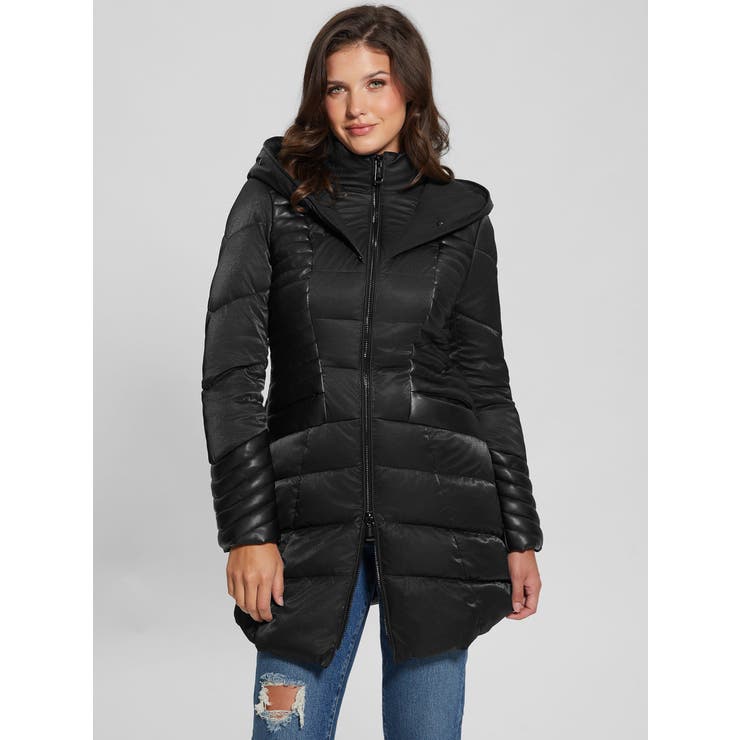 guess ブラック ダウンジャケット フード付き 新作セール GUESS ゲス フードファーつきPUFFER ジャケット