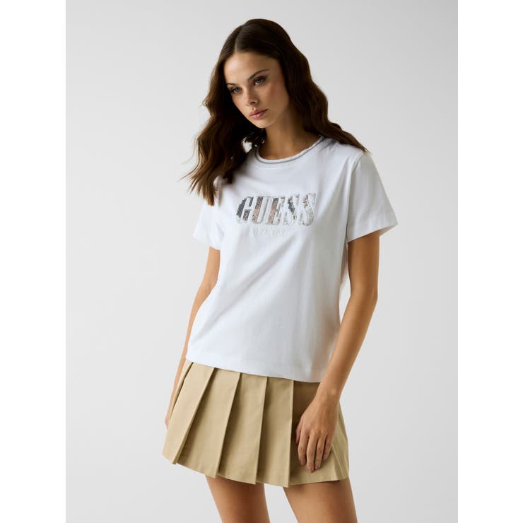 G011 | [GUESS] SEQUINS Logo Tee | GUESS【WOMEN】
