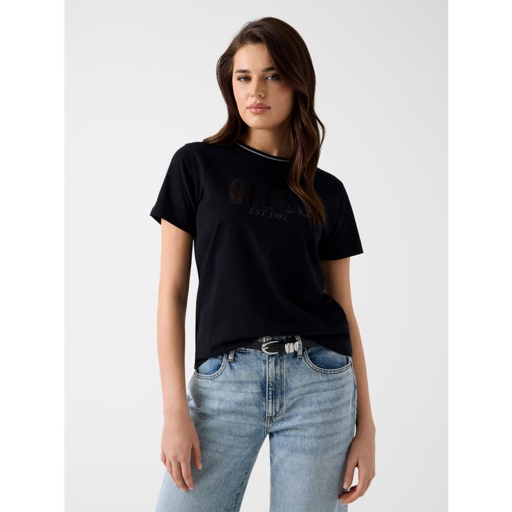 JBLK | [GUESS] SEQUINS Logo Tee | GUESS【WOMEN】