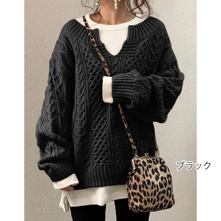 ブラック | ニット ケーブルニット キーネックニット | HANAHANA