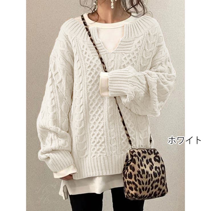 ホワイト | ニット ケーブルニット キーネックニット | HANAHANA