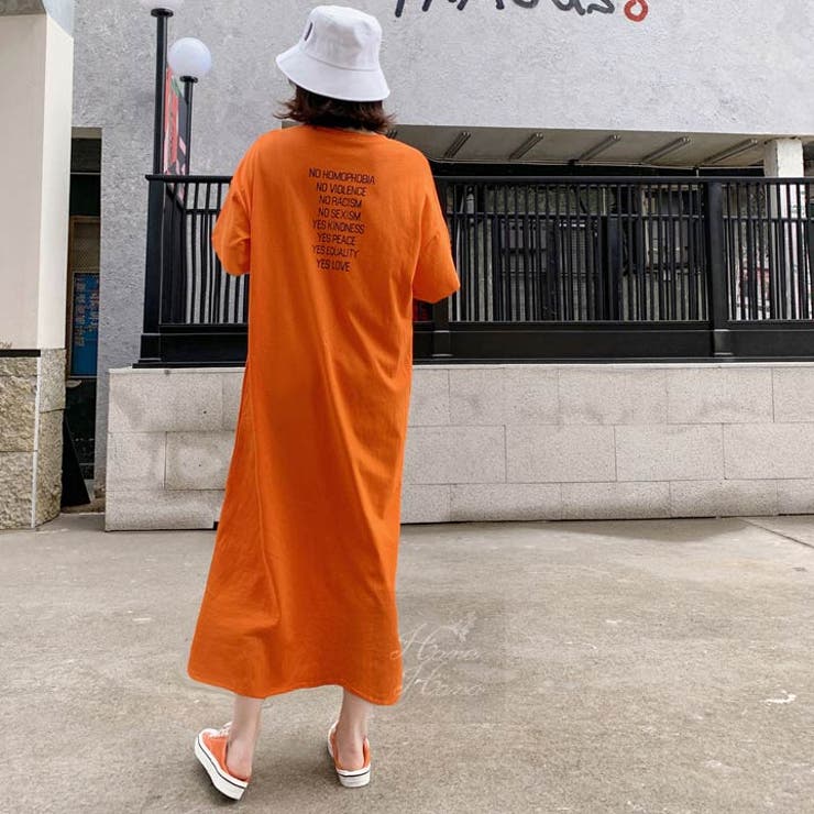 美品 レオナール シャツワンピース 金ボタン トリム 花 ロング 半袖 橙 L ロングワンピース ロゴワンピース Tシャツワンピ[品番：HNAW0002428
